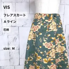 VIS フレアスカート M グリーン 花柄 Aライン 裏地なし ウエストゴム