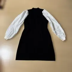 ニット膝上ワンピ　ハイネック　切り替え素材　ゆる袖