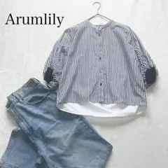 Arumlily アロムリリィ ストライプ バルーンスリーブ 半袖シャツ 黒白