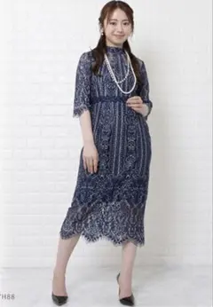 レースワンピース　ドレス　結婚式　ネイビー