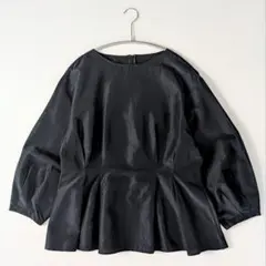 【美品】PLST　ブラウス　ペプラム　フレア　コットン　シルク　七分袖　紺