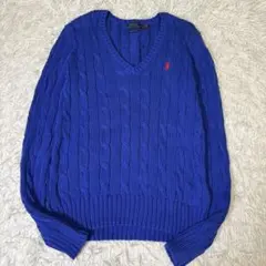 訳あり ポロ ラルフローレン Vネック ケーブル ニット ポニー刺繍 S ブルー