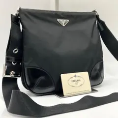 美品 ギャラ付 プラダ ショルダーバッグ 三角ロゴ白タグ レザー ブラック