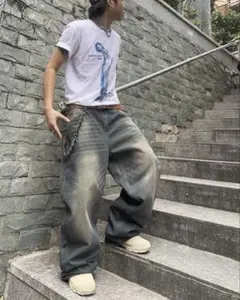 ワイドデニム バギーパンツ Lサイズ 色落ち加工 ヴィンテージ風 ワイドデニム