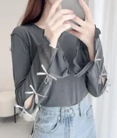 【mily bilet】袖リボンスラブシアージャガードプルオーバー