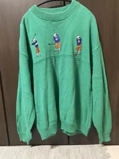 グリーン ゴルフプレイヤー刺繍 クルーネックセーター