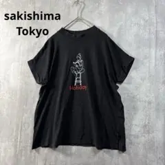サキシマトーキョー プリント モックネック Tシャツ 線画 半袖　黒 F 夏のサムネイル