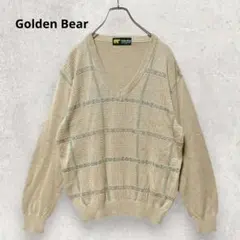 Golden Bear 総柄 Vネック ニット M ベージュ レトロ 古着MIX