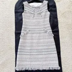 良品✨Rene　ミックスツイード　ワンピース　リボン付　フリンジ　Tissue社