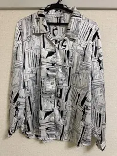 柄シャツ　個性的　白黒　長袖シャツ　古着