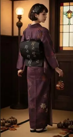 名古屋帯 黒地 銀・金糸刺繍 抽象文様 アンティーク