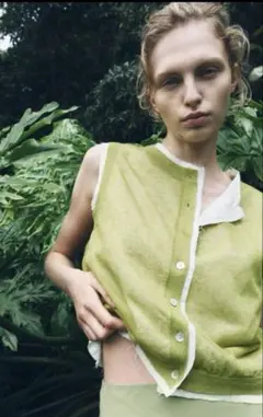 ZARA コントラストリネンブレンドトップス　M