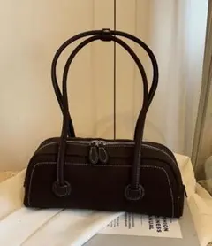 ダークブラウン レザー ショルダーバッグ / 横長ミニボストンバッグ