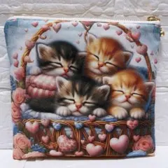 ハンドメイド ぺたんこポーチS ポーチ 小物入れ にゃんこ 猫 ピンク