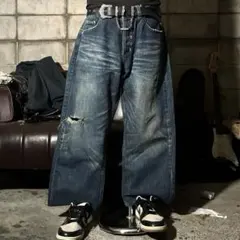 グランジ　ワイド　デニム　ストリート　ダメージ　色落ち　バギーパンツ　W34