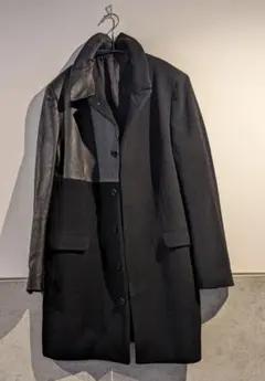 Yohji Yamamoto黒ウールとレザーのテーラードジャケット ハーフコートのサムネイル