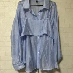 水色 ストライプ レイヤード シャツ
