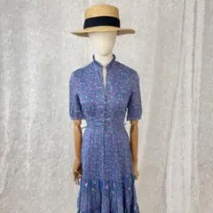 ヴィンテージ小花柄ティアードワンピース　ミモレ丈　半袖　レトロ上品フレア