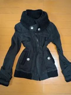 Y2Kブラックミリタリー風ジャケットニット襟付き