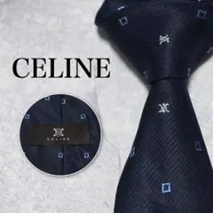 CELINE セリーヌ ネイビー 小紋柄 マカダム ロゴ ネクタイ