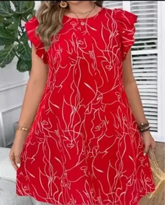 赤いフリル袖ワンピース