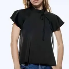 ZARA リボンディテールフルイドトップス チャイナ風ブラウス Sのサムネイル