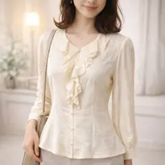 美品　レリアン シルク100% フリルブラウス 日本製 M アイボリー 上品