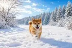 雪原を駆ける柴犬のアートパネル