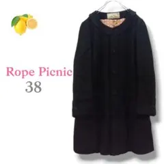 4『レディース』ノーカラーコート【M】黒 前ボタン フリンジ 秋冬 古着