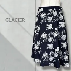 【レディース】花柄スカート ミモレ丈 ネイビー フレアスカート 裏地あり