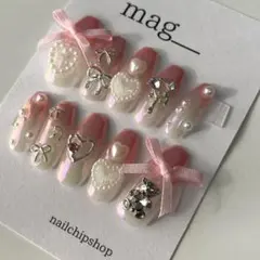 【現品販売】　ネイルチップ　ハート　韓国　リボン　オーロラ　キラキラ