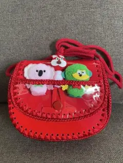 【未使用】レトロ風可愛いフェルト動物マスコット付き 赤 エナメル風ポシェット