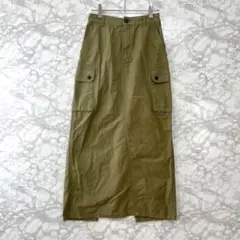 カーゴロングスカート/Iライン 後ろゴム ミリタリー バックスリット カーキ