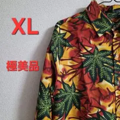 【美品】総柄シャツ 長袖 リーフ柄 レトロ 派手 メンズXL相当 古着系