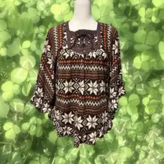 森ガール エスニック ノルディック柄 レースポンチョ