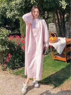 シャツワンピース ピンク ストライプ ゆったり カジュアル 体型カバー 若見え