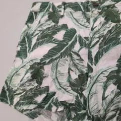 植物圖案 短褲 亞麻 葉子圖案 綠色【L-XL】