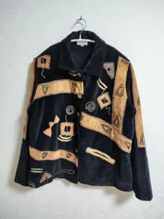 90年代 ベロア 刺繍 デザインジャケット 黒 XL 古着