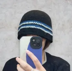 クラッシャーハット　ブルー　ボーダー　ニット帽　バケットハット　ビーニー