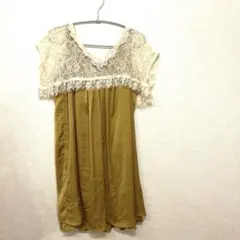 美品 レースリボン ノースリーブワンピースチュニック マスタード