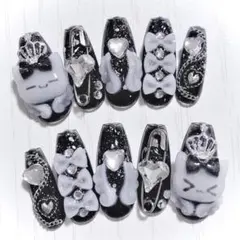 No.296　ネイルチップ 現品 量産型 地雷系 サブカル 平成女児 白 黒 猫