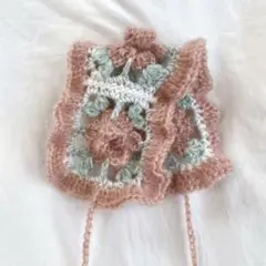 手編み フリル付き薔薇ヘッドドレス ヘアバンド ボンネット バブーシュカ ピンク