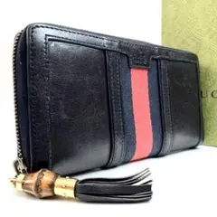 【美品】グッチ　長財布　シェリーライン　バンブー　ラウンドファスナー　レザー