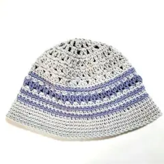 クロシェハット　クラッシャーハット　バケットハット　グレー×スカイブルー