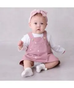 petit main 刺しゅうサロペSKセットアップハート柄ピンク　70