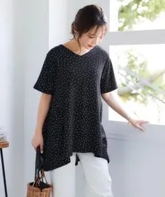 新品 現行品 ニッセン 楊柳プリントAラインロング丈チュニック L 黒ドットのサムネイル