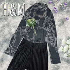 H&M 幾何学模様サテン光沢長袖シャツ（M）グレー
