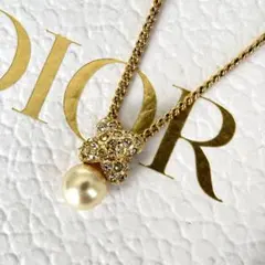 クリスチャンディオール パール × ラインストーン ゴールド ネックレス