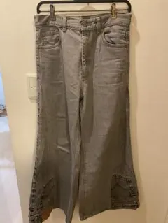 グレー ワイドレッグ デニムパンツ リメイク ヴィンテージ 世界に一つ