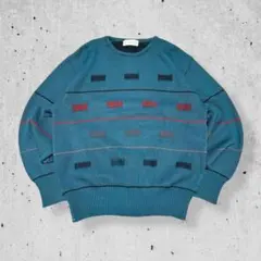 ドイツ製古着ニットセーター幾何学柄グリーン青緑オーバーサイズ90sヴィンテージM